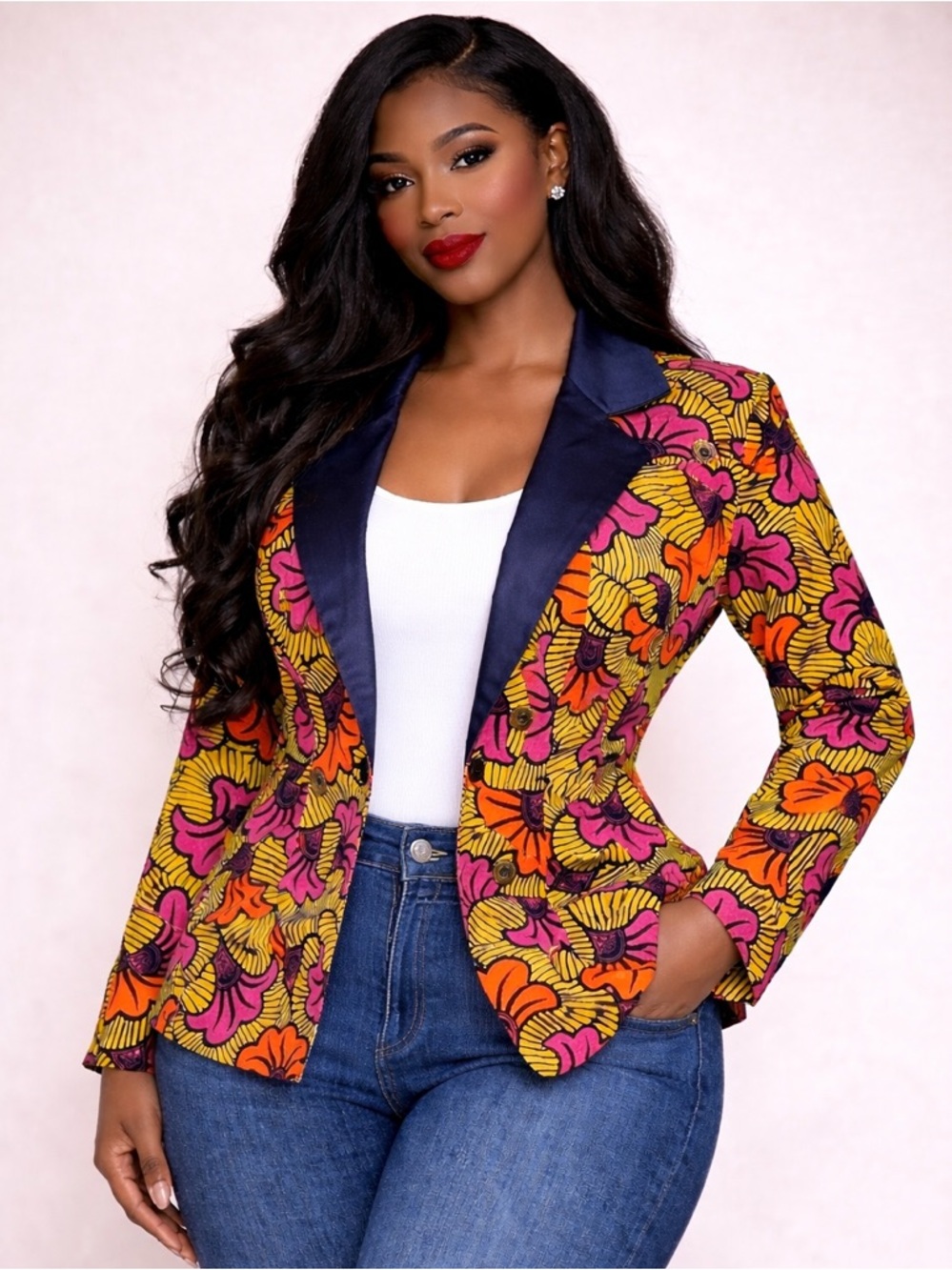 Bold Floral Print Blazer with Navy Satin Lapel